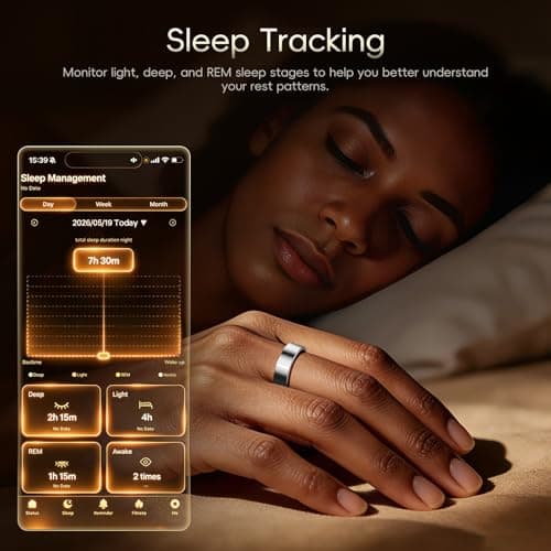 RQZ Smart Ring Fitness Tracker for Men Women, Sleep & Heart Rate Monitor, Step Counter with Vibration Alert, 5 ATM Waterproof, Compatible with iOS & Android Silver Size 8 - Thumbnail 5