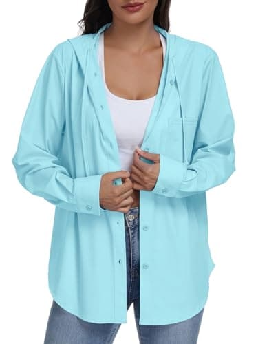 Kimmery UPF 50+ Travel Hoodie with Eye Mask for Women Outdoor Button Up Sun Shirt with Pockets for Airplane Lake Blue M - Thumbnail 3