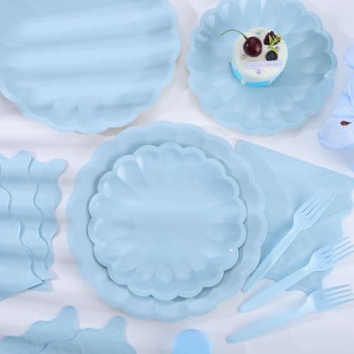 96 Pcs Light Blue Paper Plates and Napkins Blue Party Supplies Serve 24 Guests Include Scalloped Easter Plates Napkins Plastic Forks for Boy Baby Shower Bridal Shower Wedding Birthday - Thumbnail 4