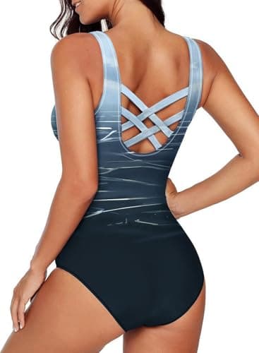 Aleumdr Womens One Piece Bathing Suits Color Block Print Criss Cross Back Swimsuits Athletic Modest Swimwear Gray 11 X-Large - Thumbnail 2