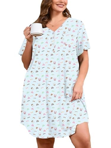 AusLook Plus Size Floral Nightgown for Women Midi Sleep 2X Dress Short Sleeve V Neck Flowy Lounge House Dress Casual Printed Night Dress - Image 1
