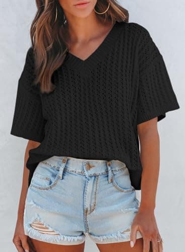 Dokotoo Women's 2025 Stylish Summer Short Sleeve Shirts for Women Oversized V Neck Solid Hollow Out Tunic Tops and Blouses Basic Loose Fit Pullover Sweaters Casual Holiday T-Shirts Tops Black Large - Thumbnail 3