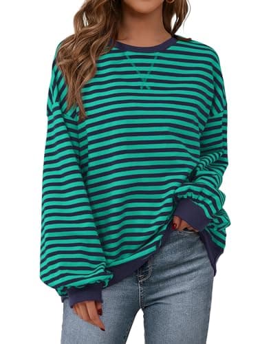 PRETTYGARDEN Womens Striped Oversized Sweatshirt Color Block Crew Neck Long Sleeve Casual Loose Pullover Top Y2K Clothes (Royal Blue Green, Medium) - Image 1