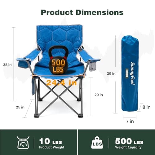 SUNNYFEEL Camping Chairs for Adults, Padded Oversized Camping Chair Heavy Duty 500LBS, Portable Lawn Chair with Cup Holder, Side Pocket&Bag for Outdoor Camping/Beach/Picnic/Fishing, Blue - Thumbnail 2