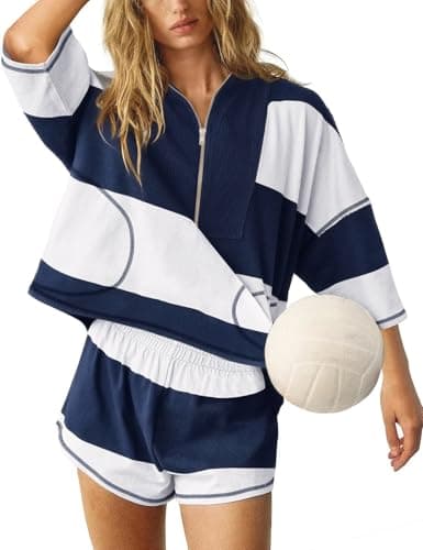 Yimoon Women’s Striped 2 Piece Workout Set Casual Oversized Half Zip Top and Shorts Sets Retro Rugby Outfits with Pokcets(NavyWhite-S) - Image 1