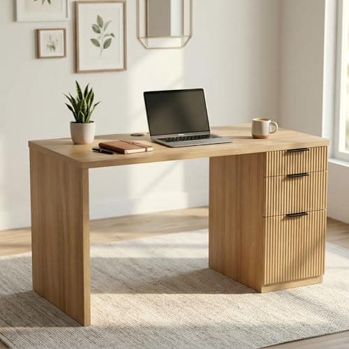 FURSUN 58" Home Office Desk with Power Outlet & File Cabinet, Modern Fluted Executive Desk with 3 Storage Drawers, Large Computer Workstation for Study & Bedroom, Oak - Image 1