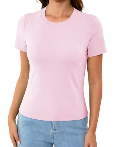 Abardsion Cotton Basic Tees for Women Spring Outfits Tops 2026 Short Sleeve Crewneck Slim Fit T Shirts (Light Pink, S) - Image 1