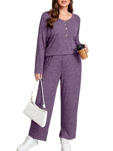 AusLook Plus Size 2 Piece Sets for Women Loose Wide Leg Pant Long Sleeve Top Matching Sets Purple 3X Tracksuit Loungewear 2027 Vacation Travel Airport Outfits Going Out Comfy Track Suits - Image 1
