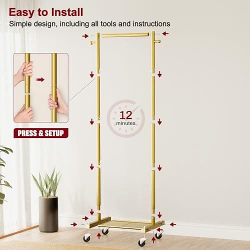 SLEEPING LAMB Small Clothes Racks for Hanging Clothes, Rolling Clothing Rack with Shelves, 60" Metal Garment Rack with Wheels Portable Wardrobe Rack for Small Space, Gold - Thumbnail 5