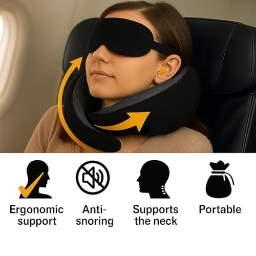 Gourstar Travel Pillow, Travel Pillows for Airplanes, 100% Pure Memory Foam Travel Neck Pillow with Eye Mask & Ear Plugs, Comfort and Ergonomic Design, Ideal for Airplanes, Cars and Offices - Thumbnail 2