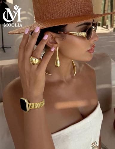 Moolia Slim Metal Band Compatible with Apple Watch Band 46/45/44/42/49mm Elegant Luxury Women Replacement Bracelet for iWatch Series 11 10 9 8 7 6 5 4 3 2 1 SE/Ultra(1/2/3), Gold - Thumbnail 4