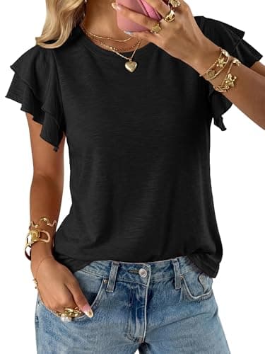 BTFBM Summer Tops for Women 2026 Crew Neck Ruffle Short Sleeve Shirts Loose Tunic Casual Spring Blouses(Black, Small) - Image 1