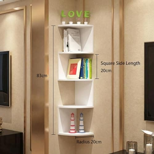 FRAWENLECO No-Drill Corner Shelf Wall Mount, 5-Tier Floating Corner Bookshelf with Hooks, Space-Saving Zigzag Plant Shelf for Bedroom, Living Room, Bathroom, Home Office - Thumbnail 4