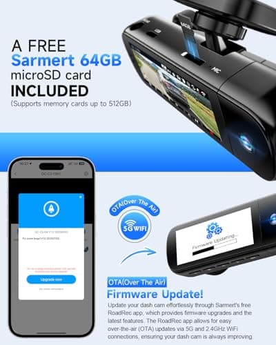 SARMERT 4K 3 Channel Dash Cam, Dash Cam Front and Rear C3, Free 64GB Card, 4K+1080P+1080P Dashcam, G-Sensor, WDR, APP, 5G WiFi, Night Vision, 24H Parking Monitor - Thumbnail 6