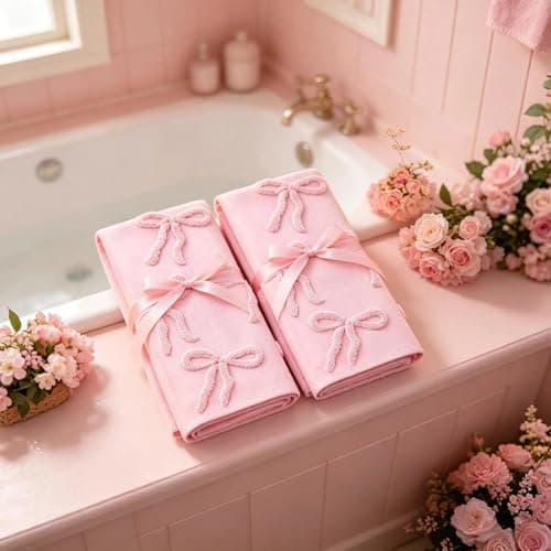yuboo Pink Bow Hand Towels Set of 2, Cute Coquette Bathroom Decor for Teen Girls, Soft 3D Tufted Absorbent Decorative Towels, Preppy Gift Towel for Women & College Dorm (Pink, 14"x29") - Thumbnail 5