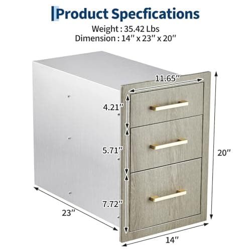 Garvee 14" W x 20.3" D x 23" H Stainless Steel Outdoor Kitchen Triple Drawers - Heavy Duty with Handles, Weather-Resistant Flush Mount for BBQ Island, Patio Grill & Outdoor Cooking Space - Thumbnail 3