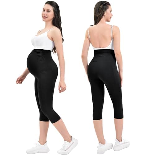 Ipletix Maternity Capris Leggings with Pockets Over The Belly, Yoga Workout Pants for Pregnancy & Postpartum Black M - Thumbnail 2