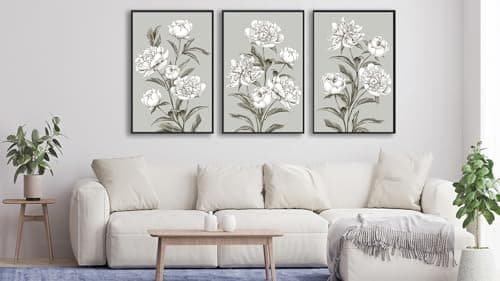 Large Framed Floral Wall Art, Elegant Blossom Plants Wall Pictures 24"x36" Set of 3 Light Grey Botanical Painting Prints Botany Peony Canvas Artwork for Living Room Bedroom Home Office Decor - Thumbnail 2