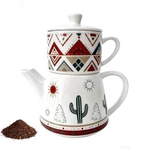 Bohemian Ceramic Tea Pot, Rustic Boho Tea Pot for One,Southwestern Porcelain Tea Server, Hand-Painted Desert Landscape Teapot with Cactus and Sun Motif, Modern Boho Farmhouse Style Home Decor. - Image 1