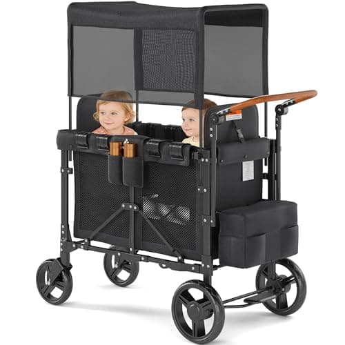 VELUVIA Wagon Stroller Outdoor for 2 Kids - Double Toddlers Stroller with Canopy & Removable Seat Pads, 2 Seater Push Pull Wagon One-Hand Fold, Shock-Absorbent Wheels & Safety Harness, Black - Image 1