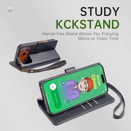 FLIPALM Wallet Case for iPhone 17 Series with Wrist Strap - PU Leather Folio Flip with Credit Card Holder & Kickstand, Protective Cover (Black, for iPhone 17 Pro) - Thumbnail 3