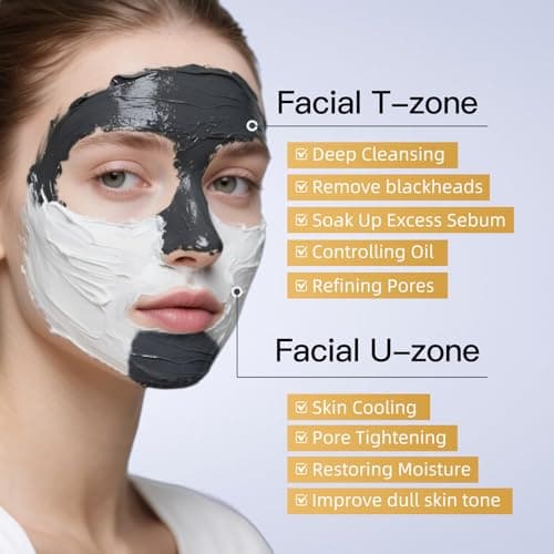 Dual Kaolin Clay Mask & Black Mask Clay - 2-in-1 Deep Pore Cleansing Facial Mask with Amazonian White Clay and Black Mud - Targeted T-Zone & U-Zone Care for Blackheads, Oil Control & Soothing - 4.94Oz - Thumbnail 2