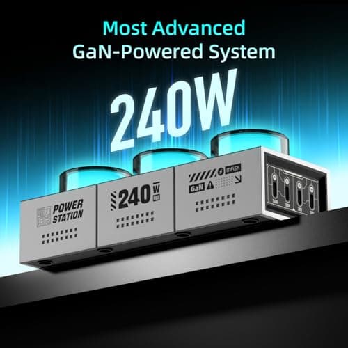 Mfish E-Tank 240W GaN Desktop Charging Station, 7-in-1 Charging Hub with 3 AC Outlets & 4 USB-C Ports (Up to 140W PD 3.1), RGB Desk Power Hub for Gaming Setup, Creator Workstation & Home Office - Thumbnail 5