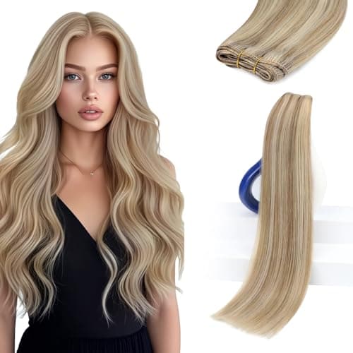Sunny Hair Sew in Hair Extensions Real Human Hair 18 Inch Double-Wefted Golden Blonde Mix Medium Blonde Highlights Long Straight Add Volume Can be Styled 100G - Image 1