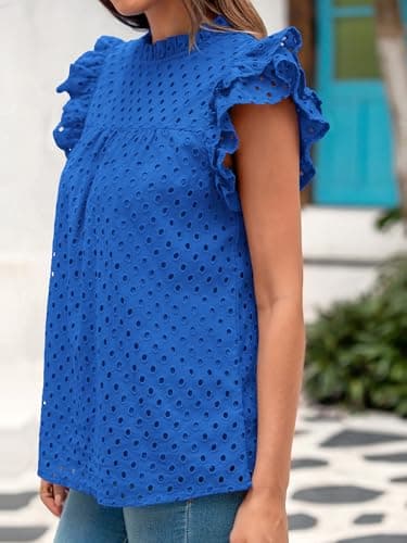 BTFBM Casual Summer Tops for Women 2025 Short Ruffle Sleeves Shirts Crew Neck Hollow Out Lace Embroidered Blouses(Blue,X-Small) - Thumbnail 6