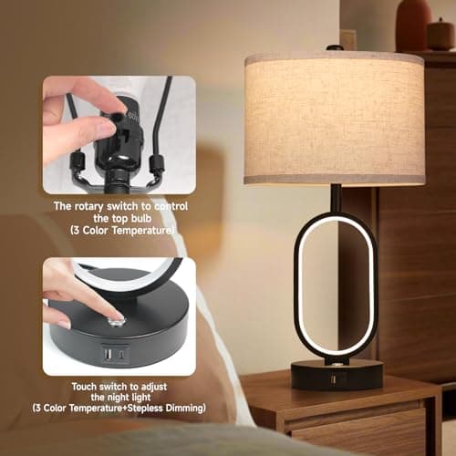NITOWOLF 23" Bedside Lamps Set of 2, Farmhouse 3-Way Dimmable Touch Lamps for Nightstand, Built-in Night Light Bedside Table Lamp with USB A+C Ports, Black Table Lamp, LED Bulbs Included - Thumbnail 2