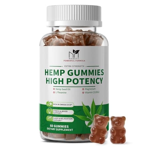 1 Pack Hemp Gummies with Ashwagandha, GABA, L-Theanine, Magnesium, Vitamins B12, E & C - Supports Sleep, Stress, Relax & Calm Supplement, Pineapple Flavor, 60 Bears Gummies, Vegan Gluten-Free - Image 1