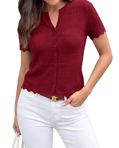 dowerme Women Summer Cardigan Sweaters 2026 Fashion Short Sleeve V Neck Crochet Crop Tops Spring Beach Vacation Clothes(Burgundy,Large) - Thumbnail 4