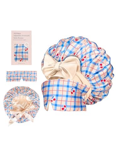 Vettres Double Layer Satin Bonnet for Sleeping with Detachable Eye Mask Adjustable Night Cap for Curly, Natural, Braided Hair Reduces Frizz & Locks in Moisture Blue Cherry - Thumbnail 2