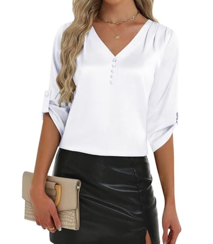2026 Womens 3/4 Sleeve Shirts Dressy Casual Tops Pleated Satin Silk Business Blouses White Medium - Image 1