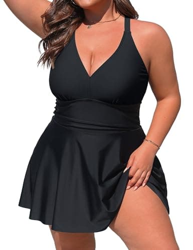Charmo Plus Size Bathing Suit for Curvy Women Two Side Pockets One Piece Swim Dress Tummy Control Swimsuits Large Bust Black 4X - Image 1