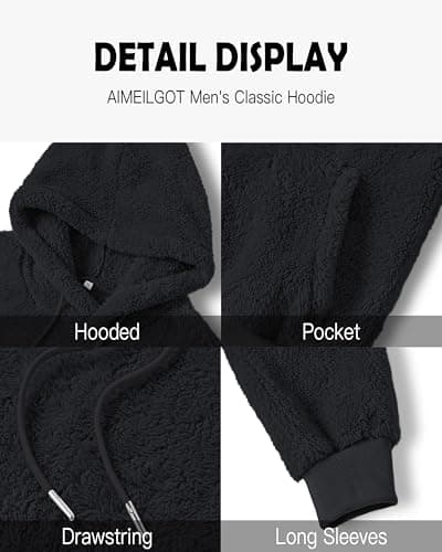Aimeilgot Mens Fuzzy Sherpa Hoodie Pullover Sweatshirts Long Sleeve Lightweight Fleece Loose Cozy with Pocket Winter Hooded Outwear Black, Large - Thumbnail 6