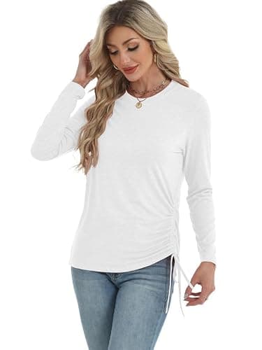 AIZHINENG Womens Long Sleeve Shirts Crewneck Tops Casual Fall Spring Trendy T-Shirts Outfits Clothes 2025 White - Thumbnail 4