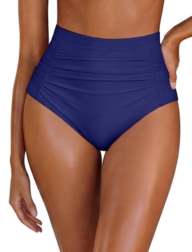 Arolina Women's Navy Blue High Waisted Bikini Bottoms Tummy Control Swim Bottoms Ruched Swim Briefs Full Coverage Bathing Suit - Image 1