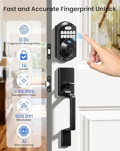 TEEHO TE012W-H WiFi Keypad Door Lock with Handle Set, Fingerprint Smart Locks, Front Door Keyless Entry, APP Remote & Voice Control, Digital Deadbolt with 2 Keys, Auto-Lock, Easy Install, Matte Black - Thumbnail 4