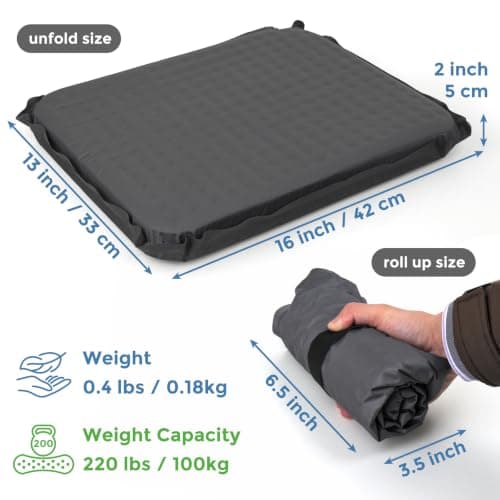 Portable Self-Inflating Stadium Seat Cushion, 2" Thick Memory Foam Sit Pad with 400lb Capacity, Lightweight Travel Seat Pad for Bleachers, Camping, Hiking, Office Chair & Airplane (1, Gray) - Thumbnail 3