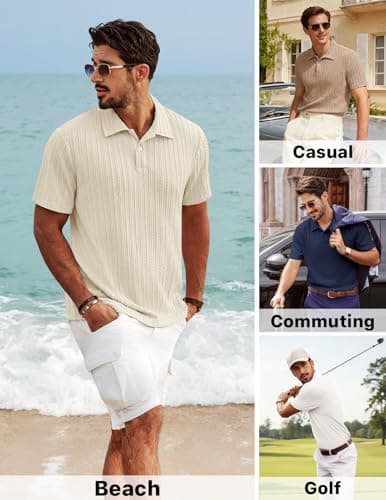 PJ PAUL JONES Mens Knit Polo Regular Fit Stretchy Polo Shirts Short Sleeve Textured Lightweight Golf Shirts Apricot - Thumbnail 4