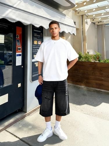 Heyfanee Mens Baggy Jorts Ripped Y2k Jean Shorts for Men Big and Tall Loose Fit Denim Shorts Men Streetwear Black 30 - Thumbnail 6