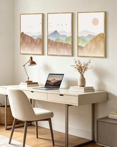 KUVIOKE Mountain Landscape Framed Wall Art Watercolor Nature Painting Boho Sun Rise Prints Farmhouse Rustic Home Decor Ready to Hang 16x24in (Natural Framed) - Thumbnail 2