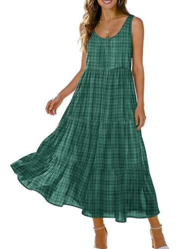 YESNO Women's Summer Floral Dress with Sleeves Casual Midi Sundress Round Neck A-Line Flowy Beach Vacation Clothes XL EVE DarkGreen - Image 1