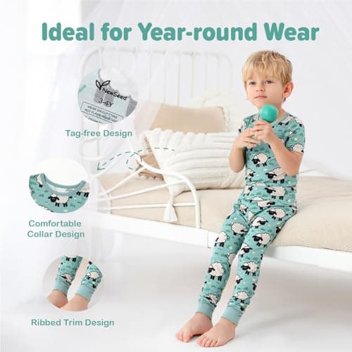 NewSeed Kids 2-Piece So Soft 2-Piece Playtime Set – Short Sleeve Crew Neck Top with Matching Leggings, Little to Big Kids (Cute Little Sheep, 2-3Y) - Thumbnail 5
