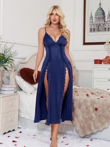 CRIPOM Blue Lingerie Sexy Womens Nightgowns Silk Chemise Lace Lingerie Sets for Women Lace Sexy Satin Slip Dress for Women Satin Nightgown Navy Blue S - Thumbnail 3