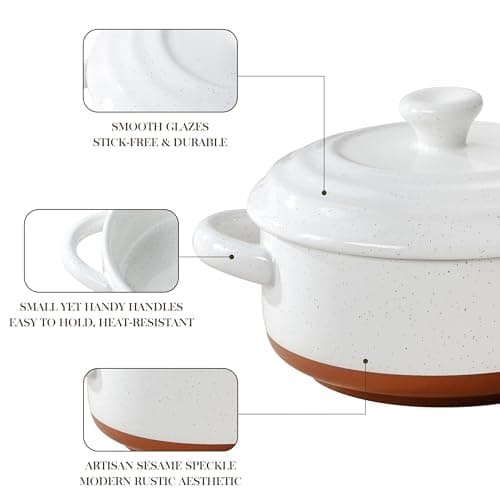 MALACASA Mini Cocotte Set - 12 OZ Small Casserole Dishes for Oven, Ramekins with Lids and Handles, Ceramic Mini Dutch Oven Set of 4, Microwave & Dishwasher Safe, Khaki White, Series TARA - Thumbnail 5