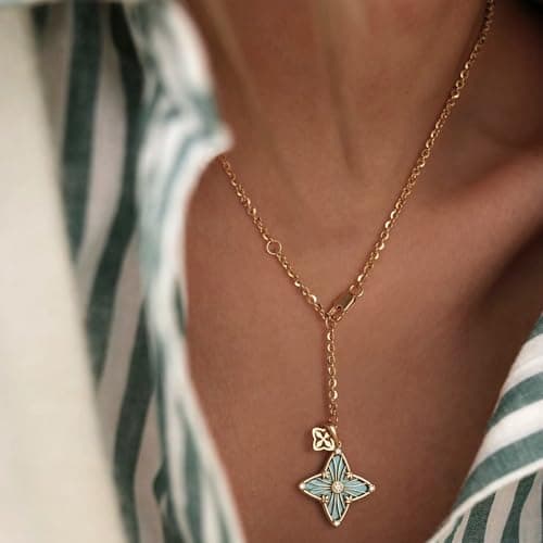 MYEARS Women Clover Necklace Pendant Lapis Lazuli Cubic Zirconia 14K Gold Simple Dainty Chain Everyday Trendy Lucky Jewelry - Thumbnail 3