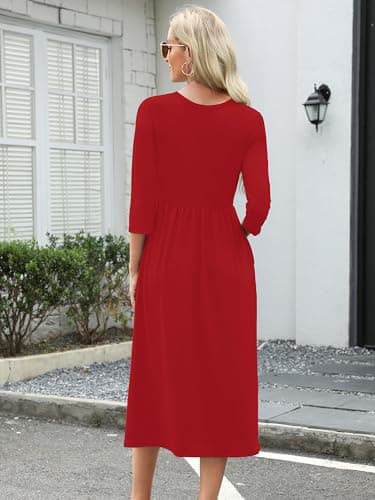 Heymoments Midi Dress for Women Red X-Large Wedding Guest A line Crewneck 3/4 Sleeves Casual Flowy Swing Cocktail Slimming Birthday Party Spring Fall Winter Travel Long Midi Dresses - Thumbnail 5