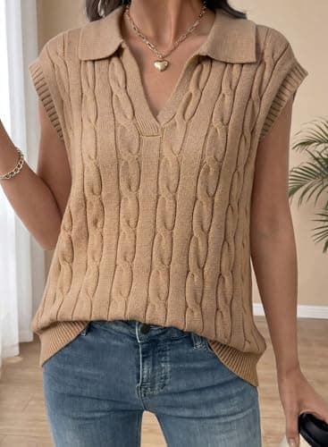 Dokotoo Sweater Vest V Neck Lapel Collar Cable Knit Women Vest Cable Knit Spring Tops for Women 2025 Summer Sweaters Khaki Large - Thumbnail 2